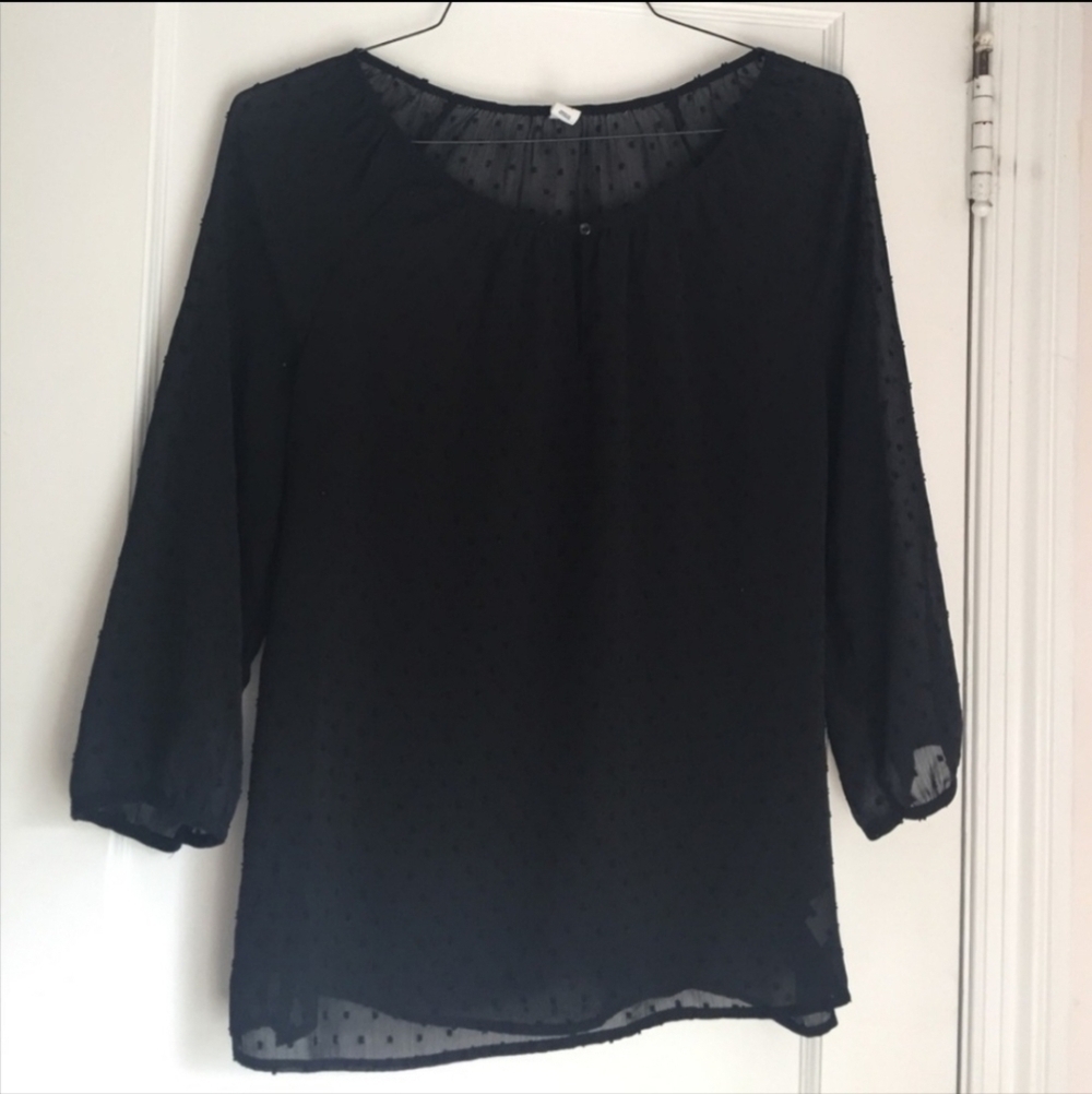 Old Navy Black Sheer Swiss Dotted Blouse Top Women's XS 3/4 Sleeve Scoop Neck